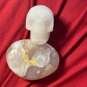 Quartz skull with a large flower agate palm stone